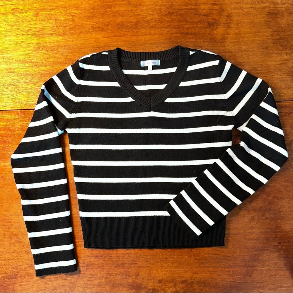 Stella Tweed Black and White Striped V-Neck Sweater